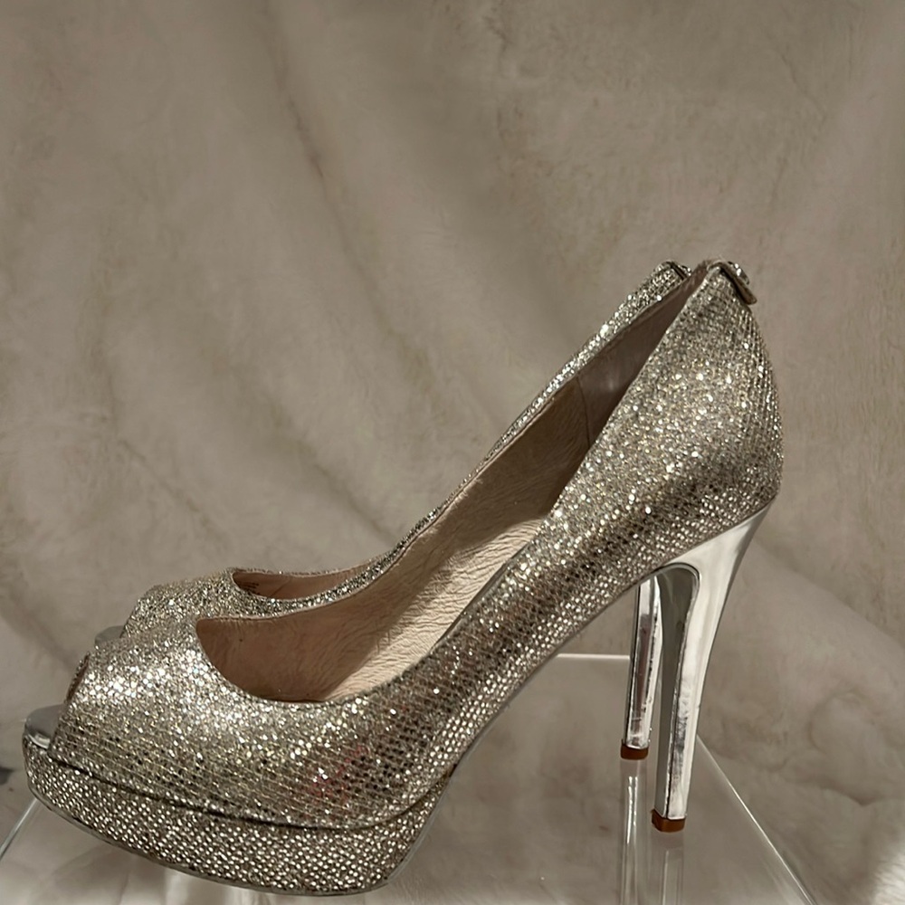 Michael kors wedge silver sparkling shoes with 4” heel size 6 1/2
